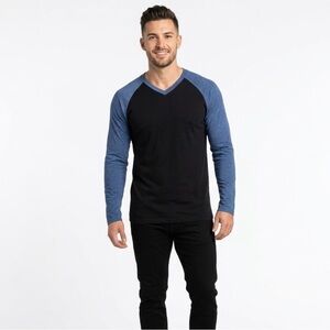 Men's Black Long Sleeve Raglan Tee with Blue Sleeves